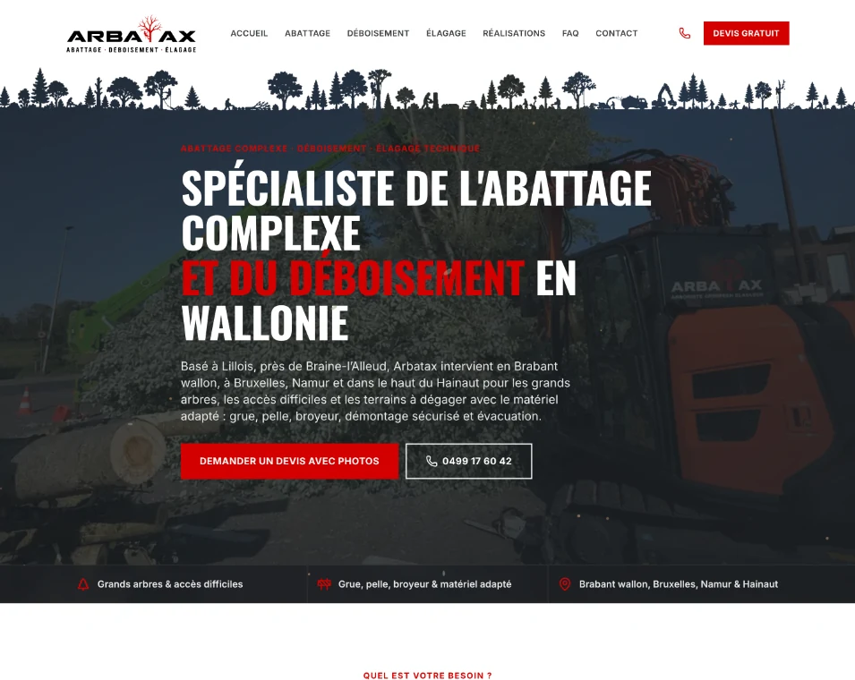 Page d'accueil du site Arbatax consacrée à l'abattage complexe et au déboisement